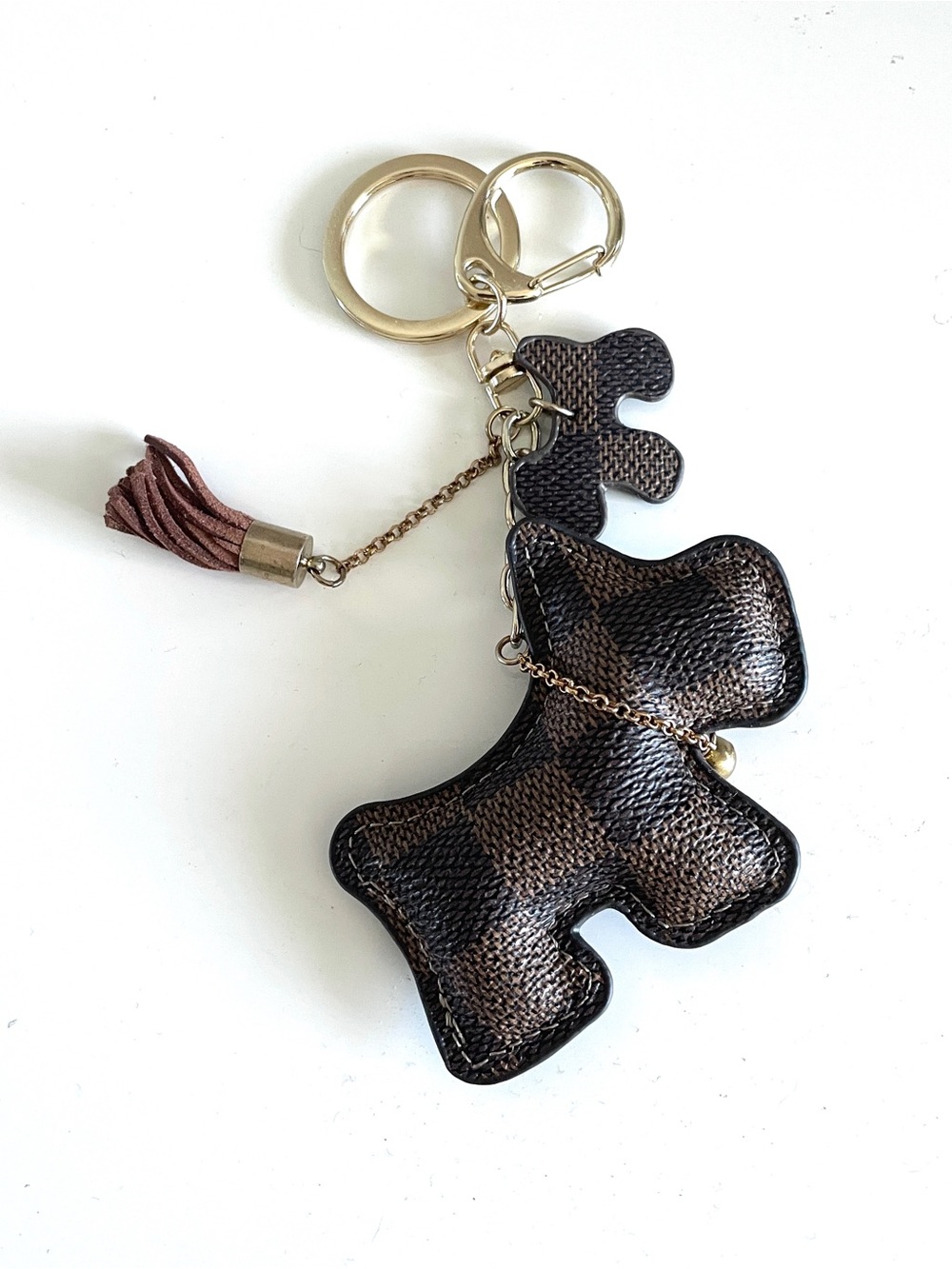 Brown Plaid Dog Keychain Charm with Tassel